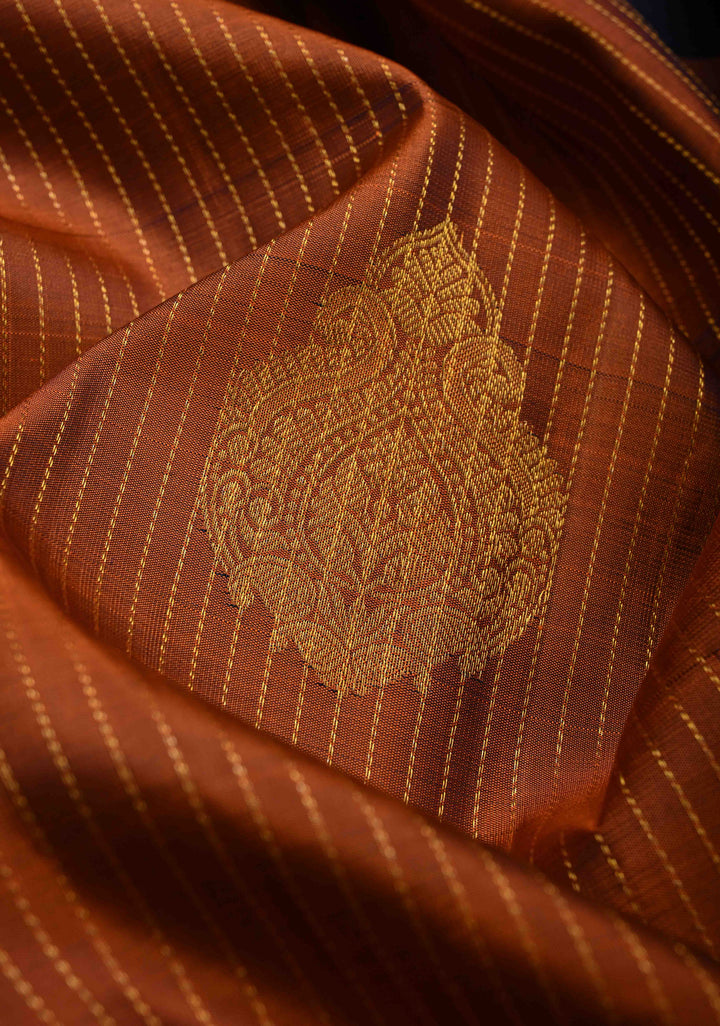 Rust Orange Vertical Zari Stripes on Pure Kanjivaram Silk Saree with Damask Buttas and Zari Border | SILK MARK CERTIFIED