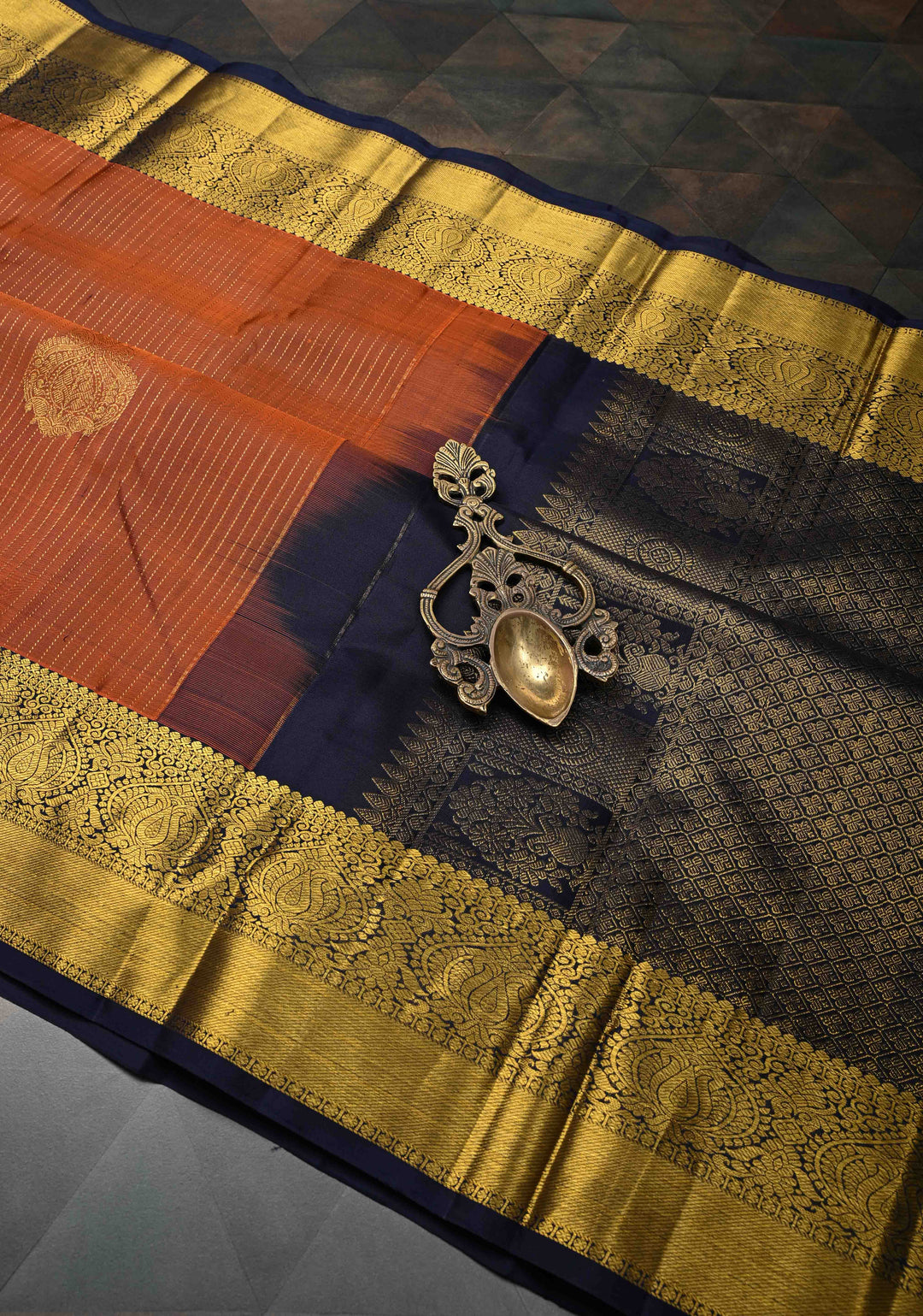 Rust Orange Vertical Zari Stripes on Pure Kanjivaram Silk Saree with Damask Buttas and Zari Border | SILK MARK CERTIFIED