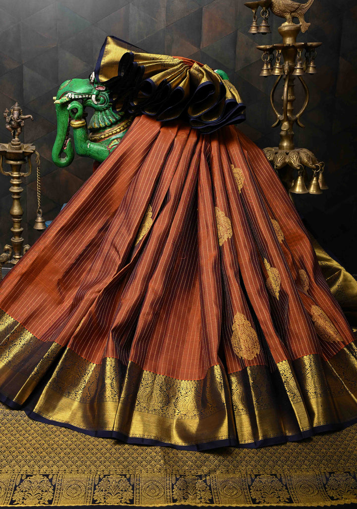 Rust Orange Vertical Zari Stripes on Pure Kanjivaram Silk Saree with Damask Buttas and Zari Border | SILK MARK CERTIFIED