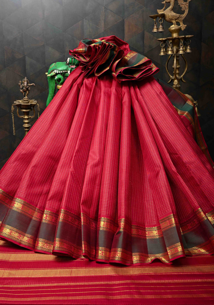 Red Kanjivaram Silk Saree with Zari Checks Pattern and Rettaipet Border | SILK MARK CERTIFIED
