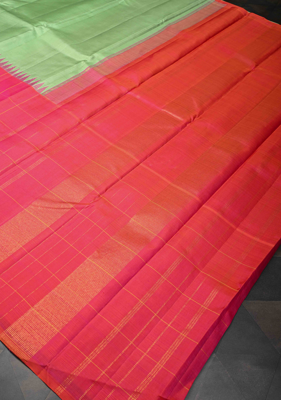 Dusty Pista Green Kanjivaram Silk Saree with Checks Pattern and Distinct Motifs on Contrast Wide 17" Temple Border | SILK MARK CERTIFIED