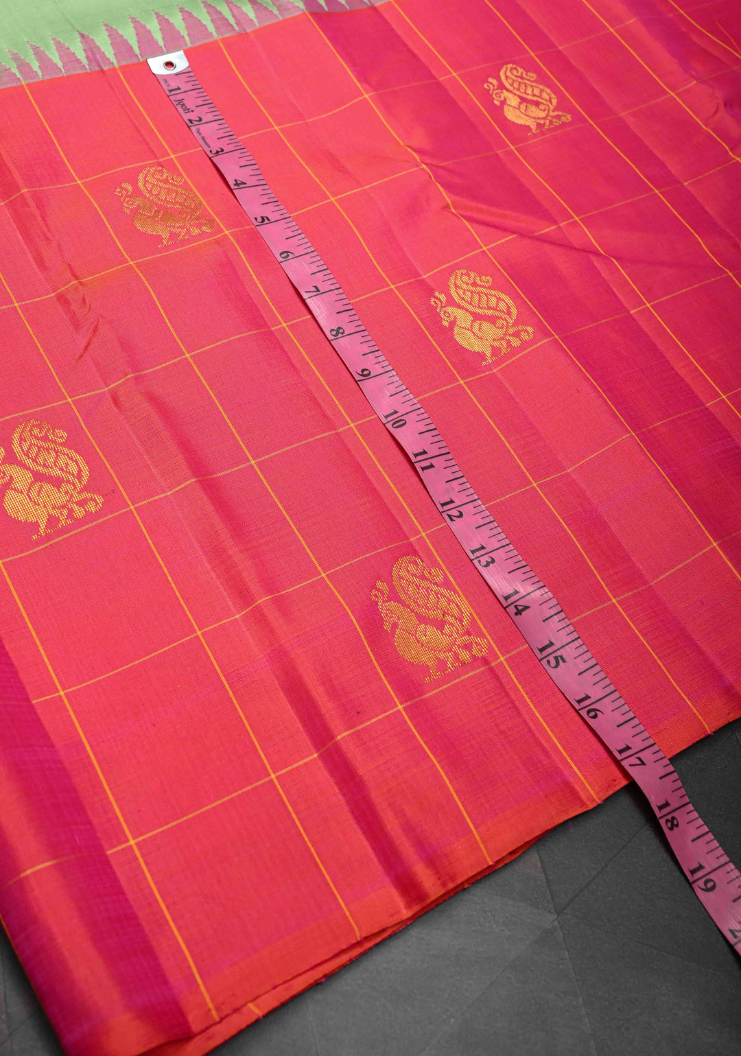 Dusty Pista Green Kanjivaram Silk Saree with Checks Pattern and Distinct Motifs on Contrast Wide 17" Temple Border | SILK MARK CERTIFIED