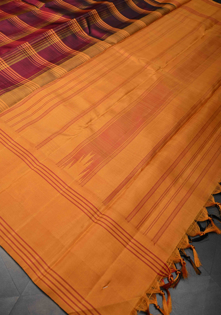 Maroon Kanjivaram Pure Silk Saree with Checks Pattern and Contrast Border | SILK MARK CERTIFIED