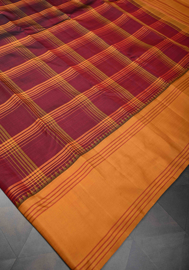 Maroon Kanjivaram Pure Silk Saree with Checks Pattern and Contrast Border | SILK MARK CERTIFIED