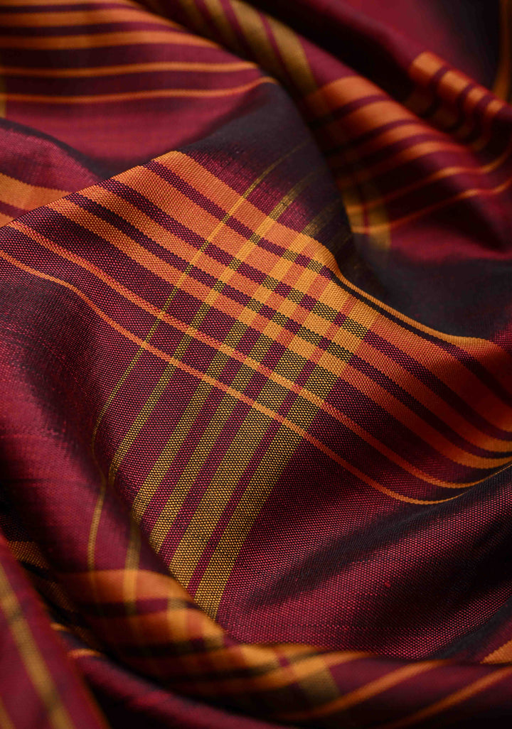 Maroon Kanjivaram Pure Silk Saree with Checks Pattern and Contrast Border | SILK MARK CERTIFIED