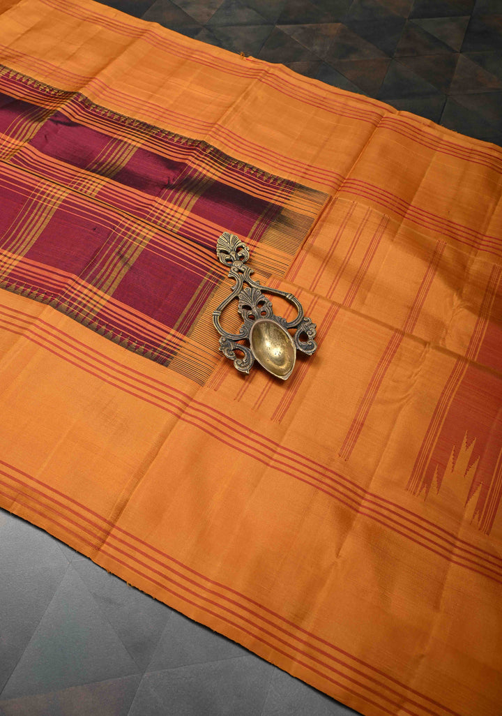Maroon Kanjivaram Pure Silk Saree with Checks Pattern and Contrast Border | SILK MARK CERTIFIED