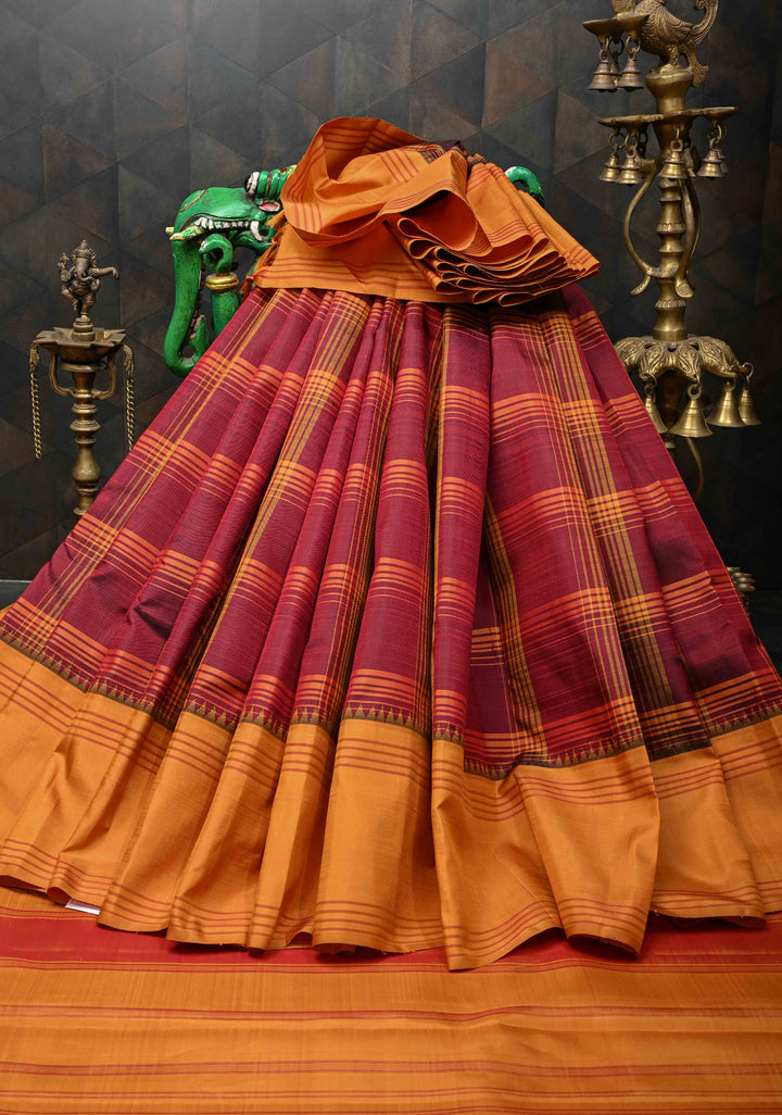 Maroon Kanjivaram Pure Silk Saree with Checks Pattern and Contrast Border | SILK MARK CERTIFIED