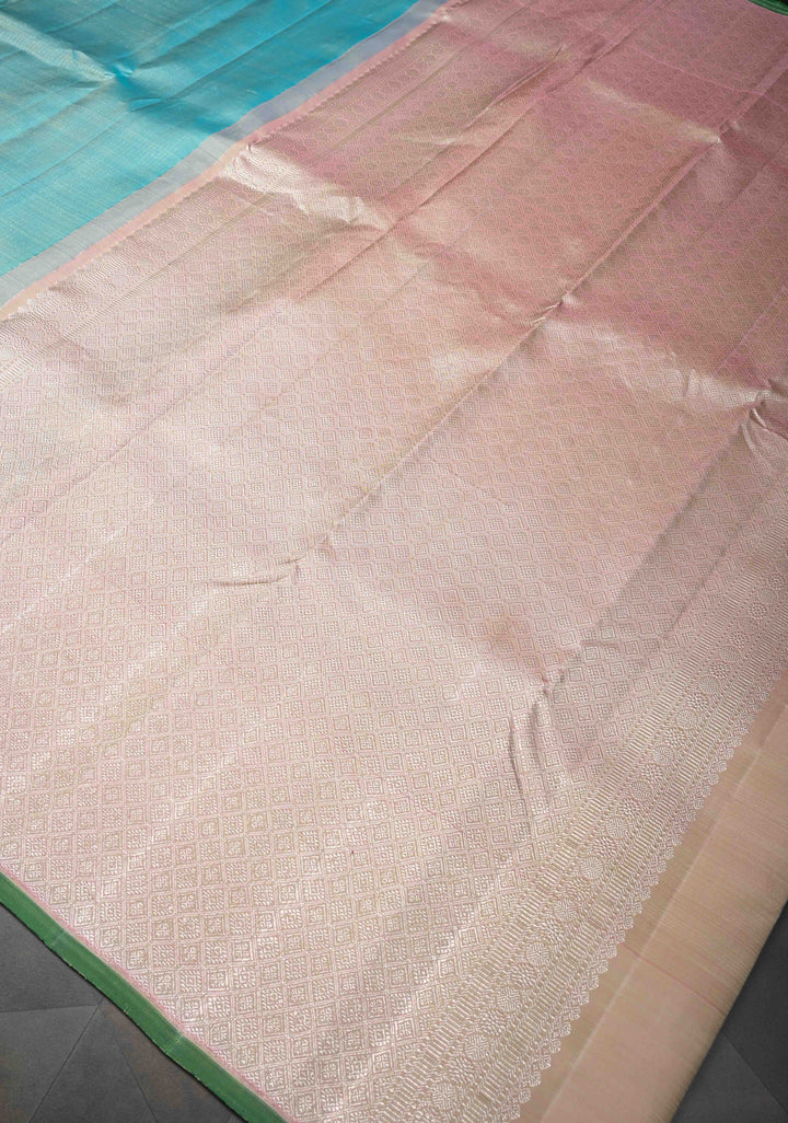 Pastel Turquoise Pure Kanjivaram Silk Saree with Pin Zari Stripes and Zari Buttas on Contrast Border | SILK MARK CERTIFIED