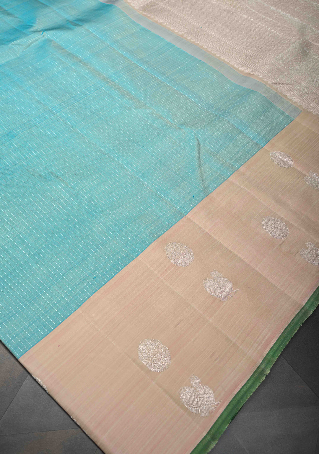 Pastel Turquoise Pure Kanjivaram Silk Saree with Pin Zari Stripes and Zari Buttas on Contrast Border | SILK MARK CERTIFIED