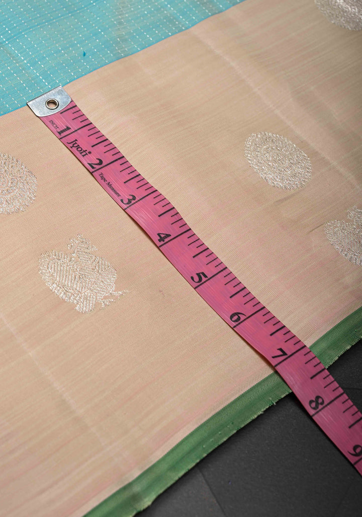 Pastel Turquoise Pure Kanjivaram Silk Saree with Pin Zari Stripes and Zari Buttas on Contrast Border | SILK MARK CERTIFIED