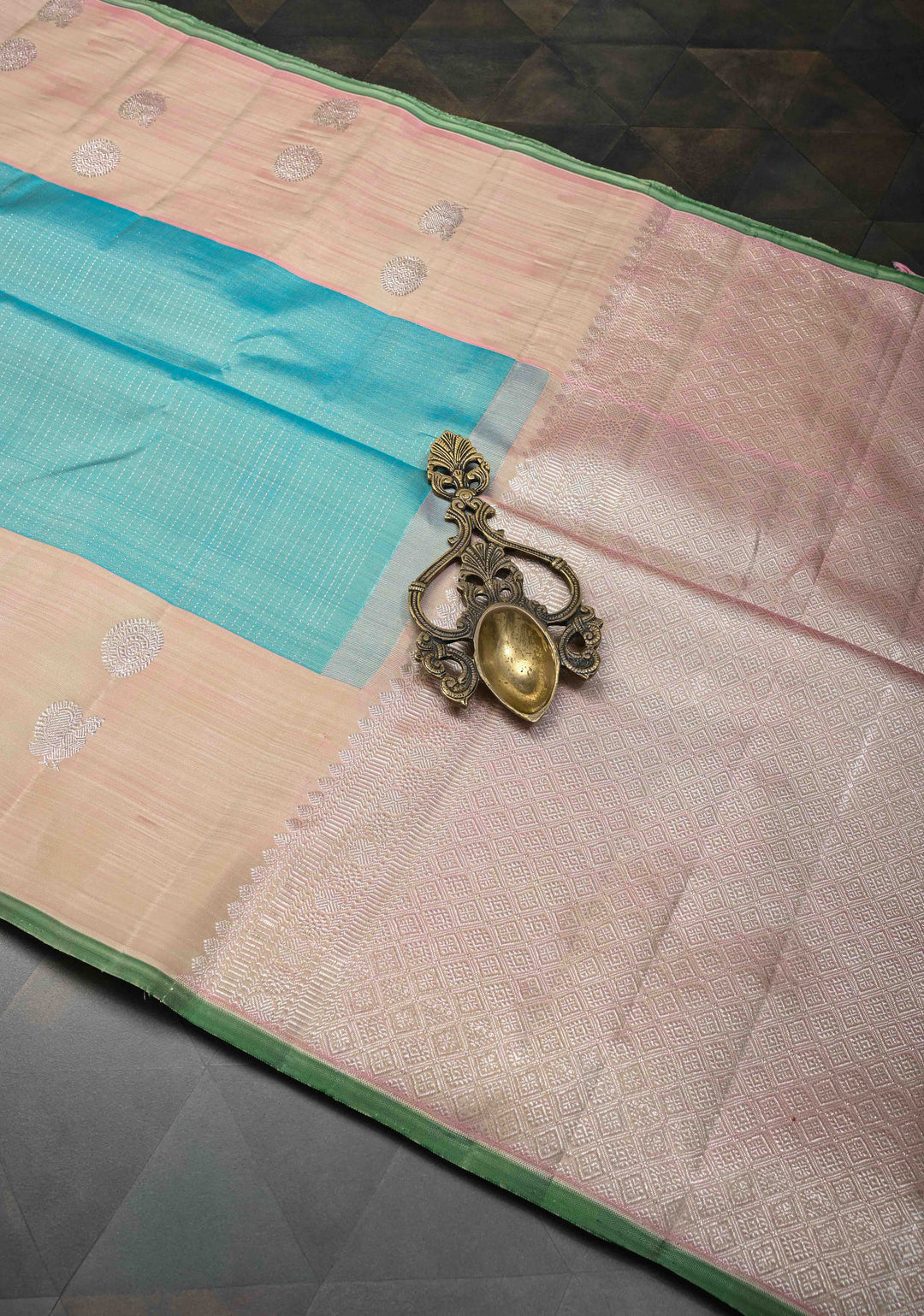 Pastel Turquoise Pure Kanjivaram Silk Saree with Pin Zari Stripes and Zari Buttas on Contrast Border | SILK MARK CERTIFIED
