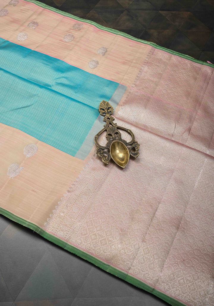 Pastel Turquoise Pure Kanjivaram Silk Saree with Pin Zari Stripes and Zari Buttas on Contrast Border | SILK MARK CERTIFIED