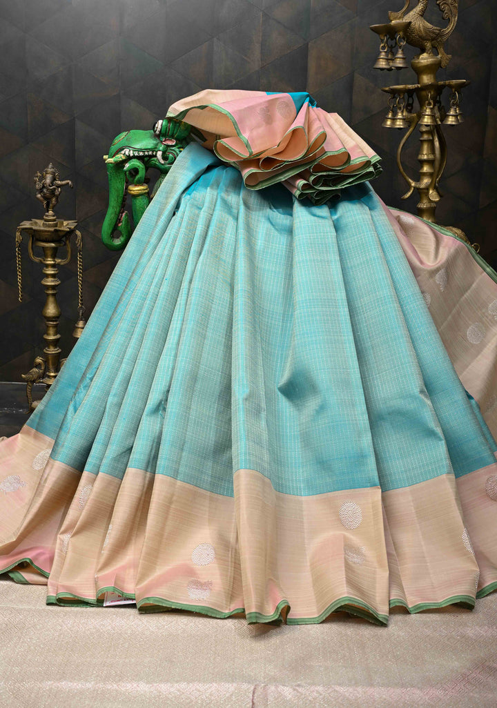 Pastel Turquoise Pure Kanjivaram Silk Saree with Pin Zari Stripes and Zari Buttas on Contrast Border | SILK MARK CERTIFIED