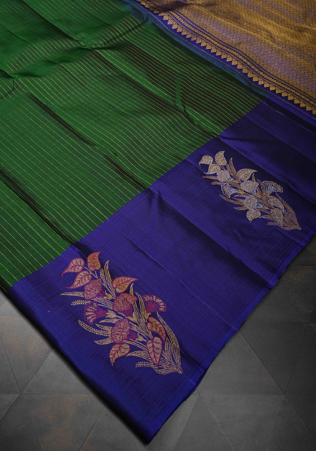 Bottle Green Pure Kanjivaram Silk Saree with Vertical Zari Stripes and Meenakari Distinct Floral Buttas on Contrast Border | SILK MARK CERTIFIED