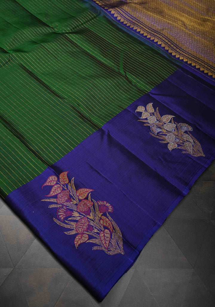 Bottle Green Pure Kanjivaram Silk Saree with Vertical Zari Stripes and Meenakari Distinct Floral Buttas on Contrast Border | SILK MARK CERTIFIED