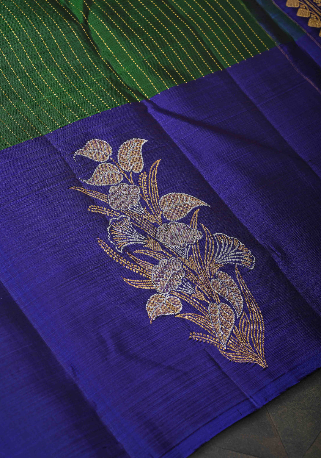 Bottle Green Pure Kanjivaram Silk Saree with Vertical Zari Stripes and Meenakari Distinct Floral Buttas on Contrast Border | SILK MARK CERTIFIED