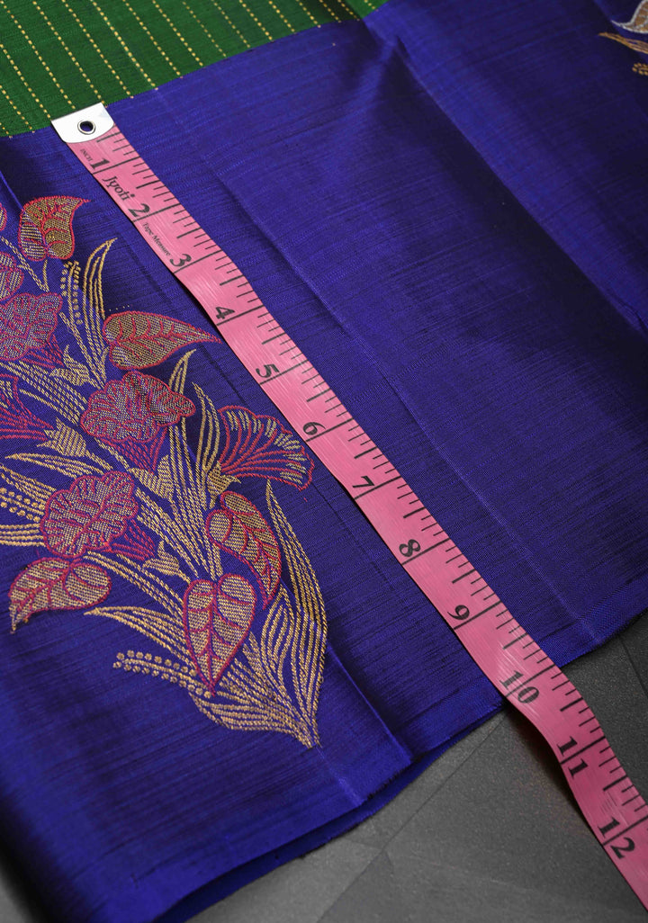 Bottle Green Pure Kanjivaram Silk Saree with Vertical Zari Stripes and Meenakari Distinct Floral Buttas on Contrast Border | SILK MARK CERTIFIED