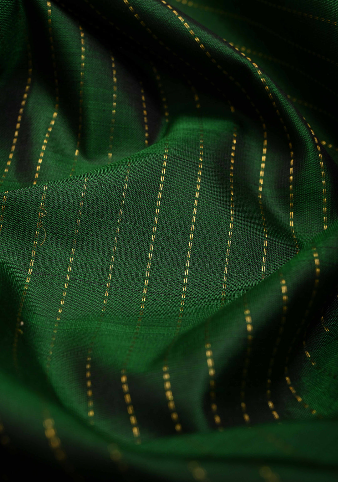 Bottle Green Pure Kanjivaram Silk Saree with Vertical Zari Stripes and Meenakari Distinct Floral Buttas on Contrast Border | SILK MARK CERTIFIED