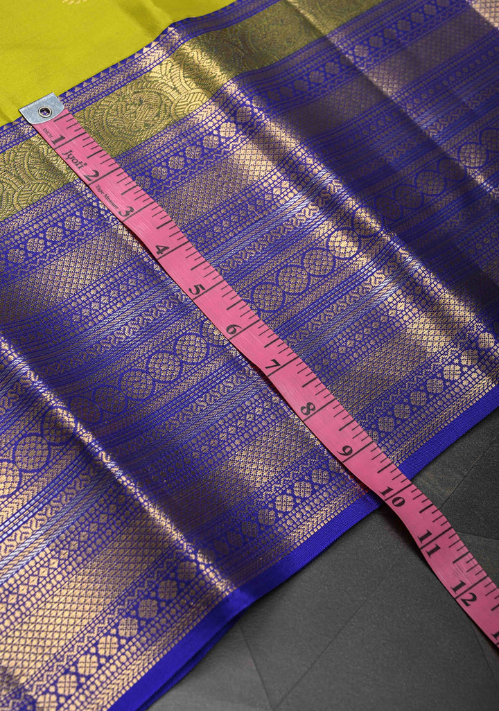 Chartreuse Kanjivaram Pure Silk Saree with Floral Zari Buttas and Contrast Wide Zari Border | SILK MARK CERTIFIED