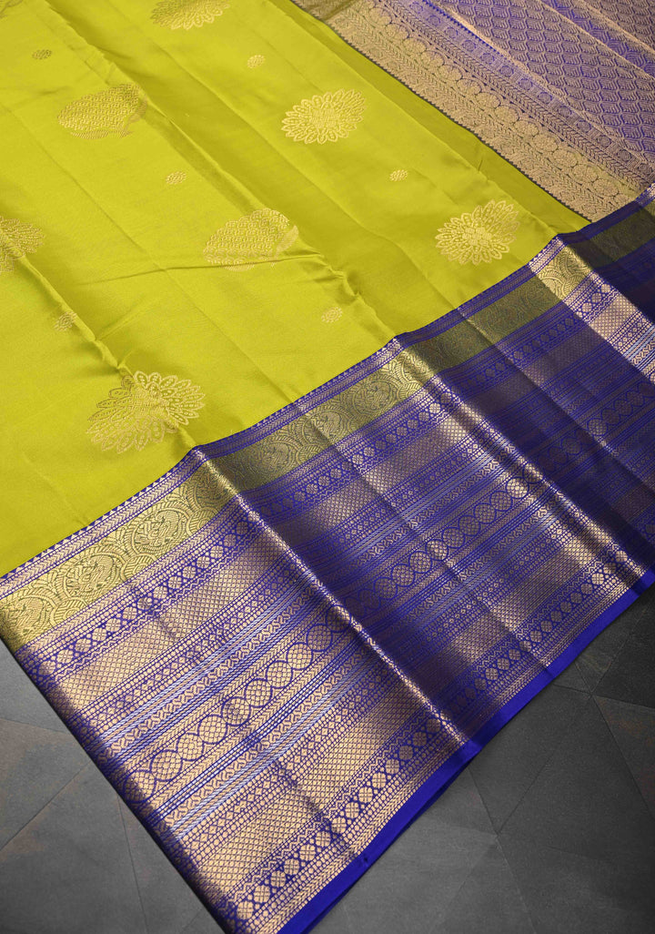 Chartreuse Kanjivaram Pure Silk Saree with Floral Zari Buttas and Contrast Wide Zari Border | SILK MARK CERTIFIED
