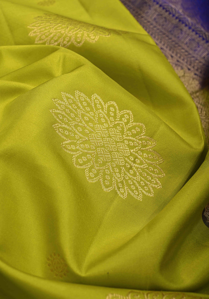 Chartreuse Kanjivaram Pure Silk Saree with Floral Zari Buttas and Contrast Wide Zari Border | SILK MARK CERTIFIED