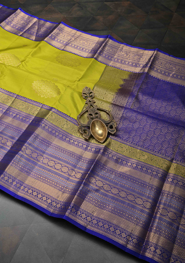 Chartreuse Kanjivaram Pure Silk Saree with Floral Zari Buttas and Contrast Wide Zari Border | SILK MARK CERTIFIED