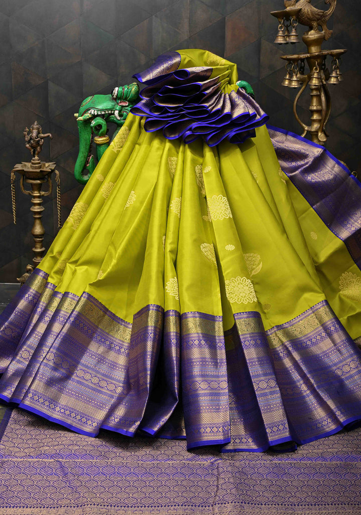 Chartreuse Kanjivaram Pure Silk Saree with Floral Zari Buttas and Contrast Wide Zari Border | SILK MARK CERTIFIED