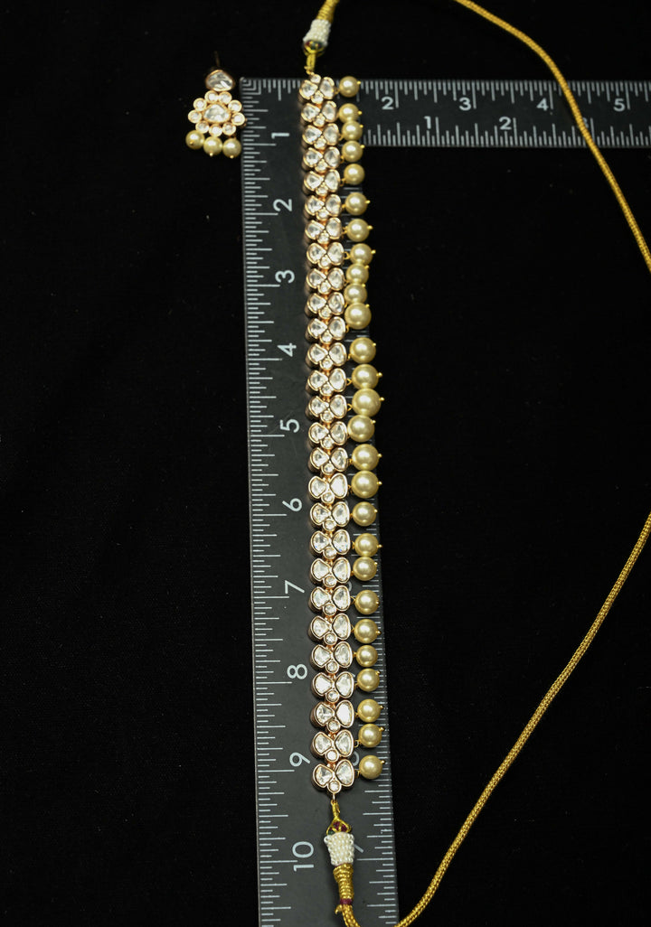 Kundan Necklace Set with off-white shell pearls