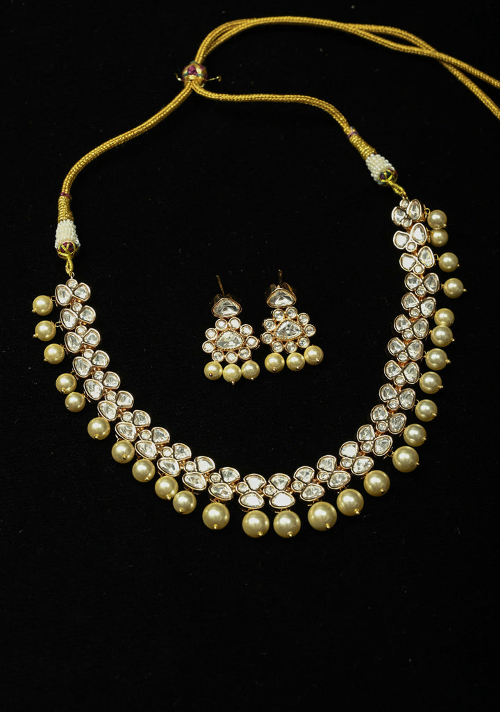 Kundan Necklace Set with off-white shell pearls