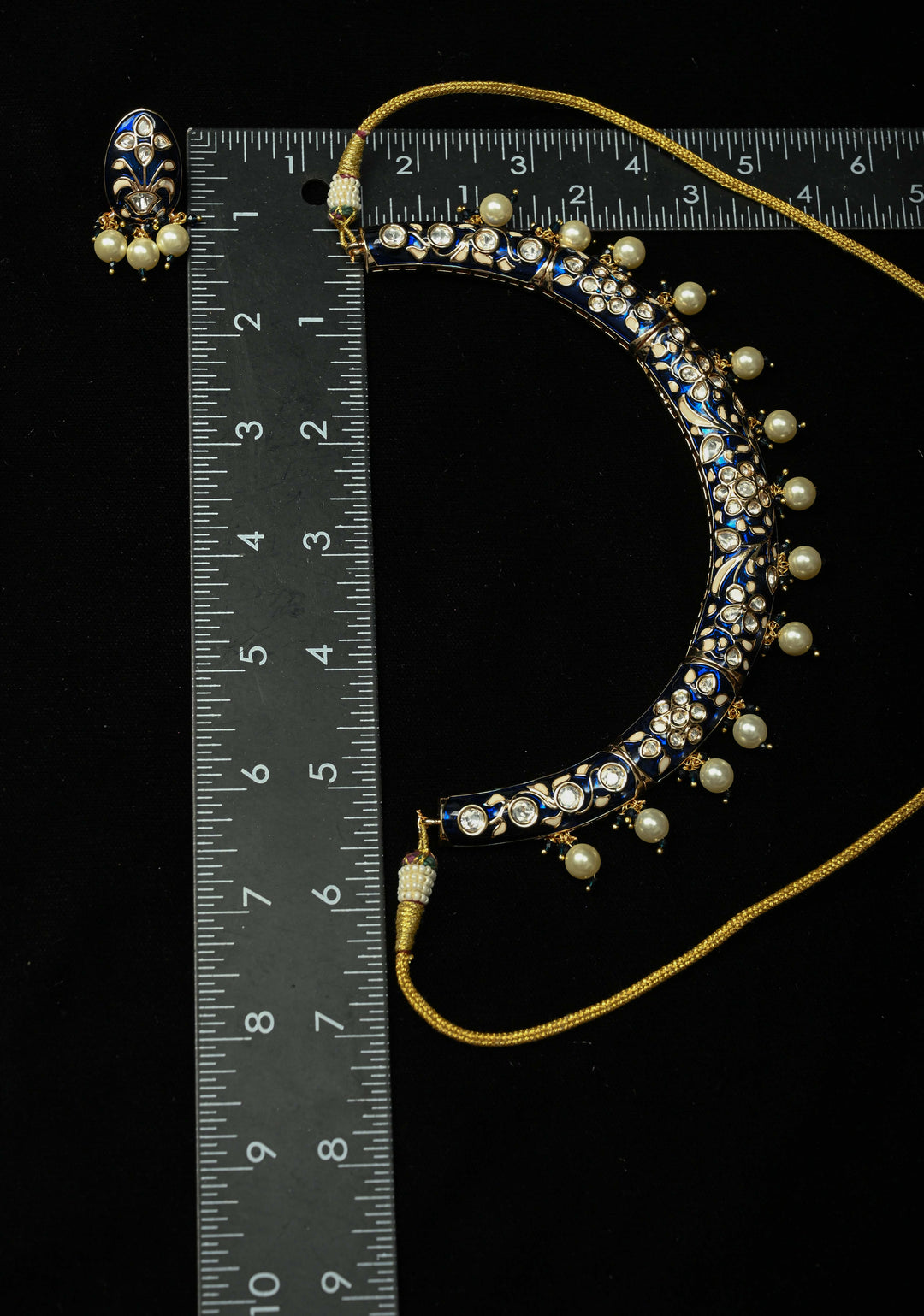 Sapphire Blue Hasli Necklace Set with Kundan Meenakari Design and Pearl Drops