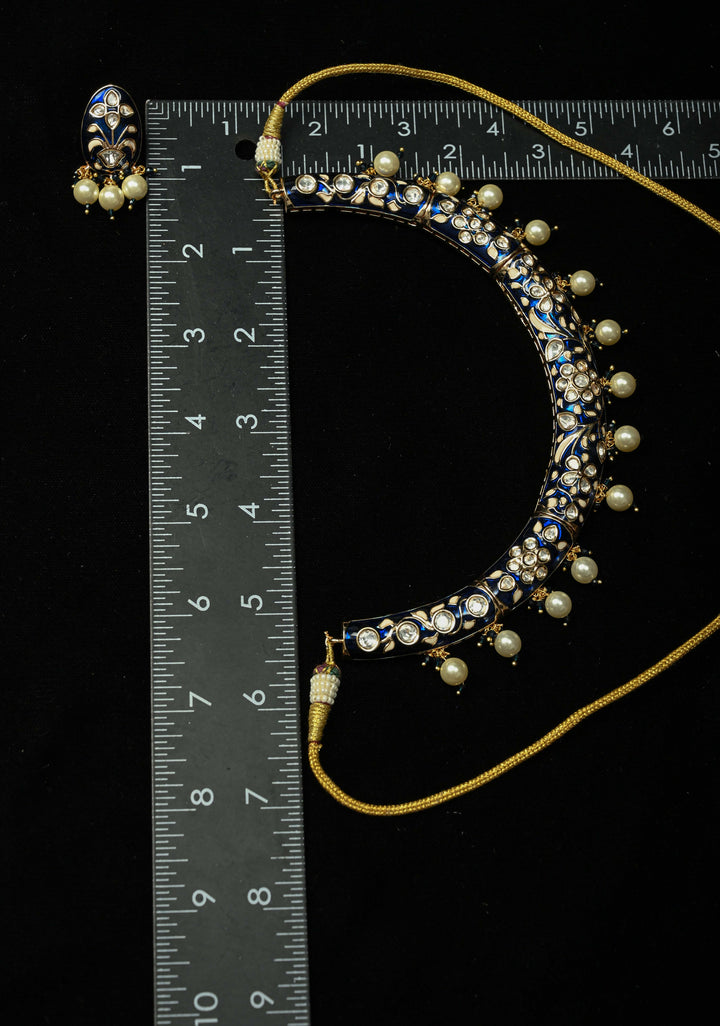 Sapphire Blue Hasli Necklace Set with Kundan Meenakari Design and Pearl Drops