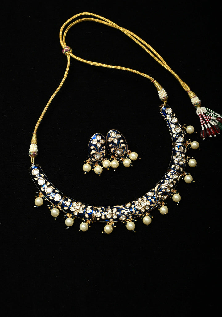 Sapphire Blue Hasli Necklace Set with Kundan Meenakari Design and Pearl Drops