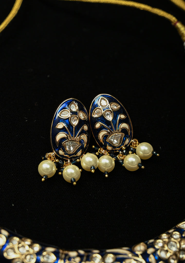 Sapphire Blue Hasli Necklace Set with Kundan Meenakari Design and Pearl Drops