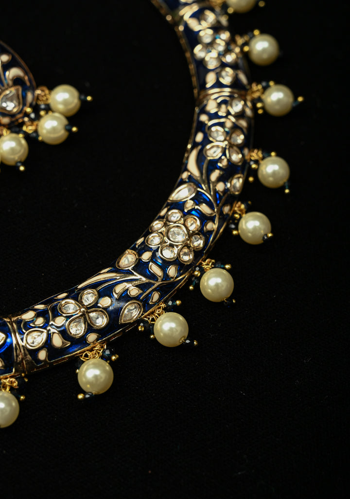 Sapphire Blue Hasli Necklace Set with Kundan Meenakari Design and Pearl Drops