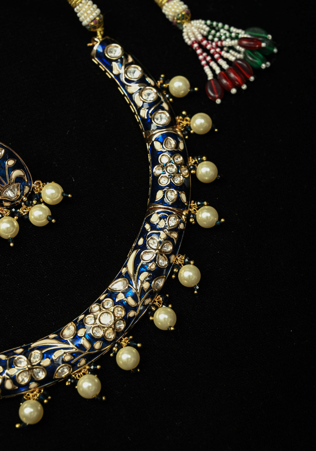Sapphire Blue Hasli Necklace Set with Kundan Meenakari Design and Pearl Drops