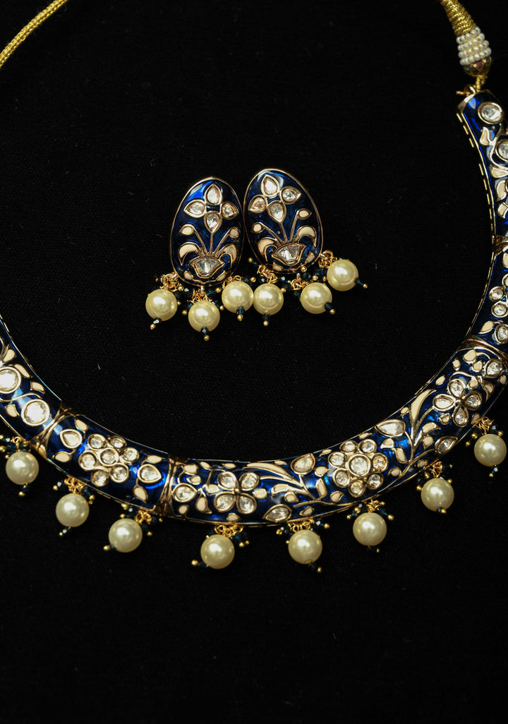 Sapphire Blue Hasli Necklace Set with Kundan Meenakari Design and Pearl Drops