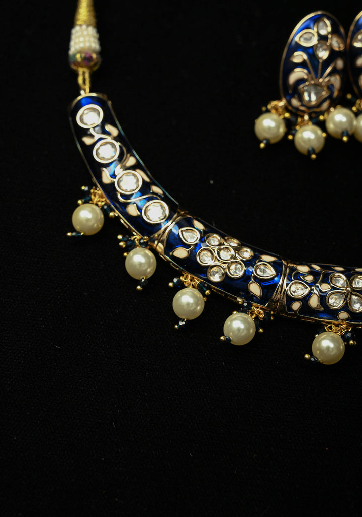 Sapphire Blue Hasli Necklace Set with Kundan Meenakari Design and Pearl Drops
