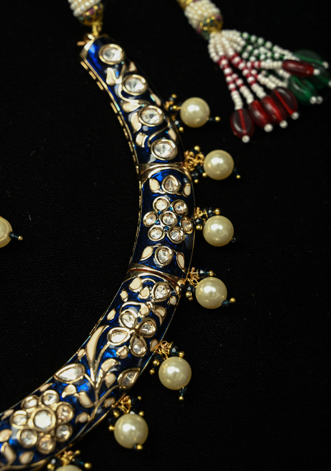 Sapphire Blue Hasli Necklace Set with Kundan Meenakari Design and Pearl Drops