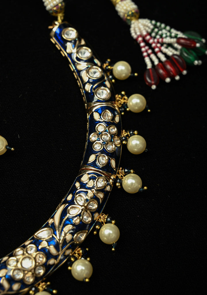 Sapphire Blue Hasli Necklace Set with Kundan Meenakari Design and Pearl Drops