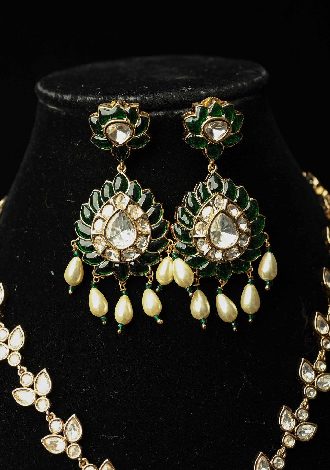 Emerald Long Kundan Necklace with earrings