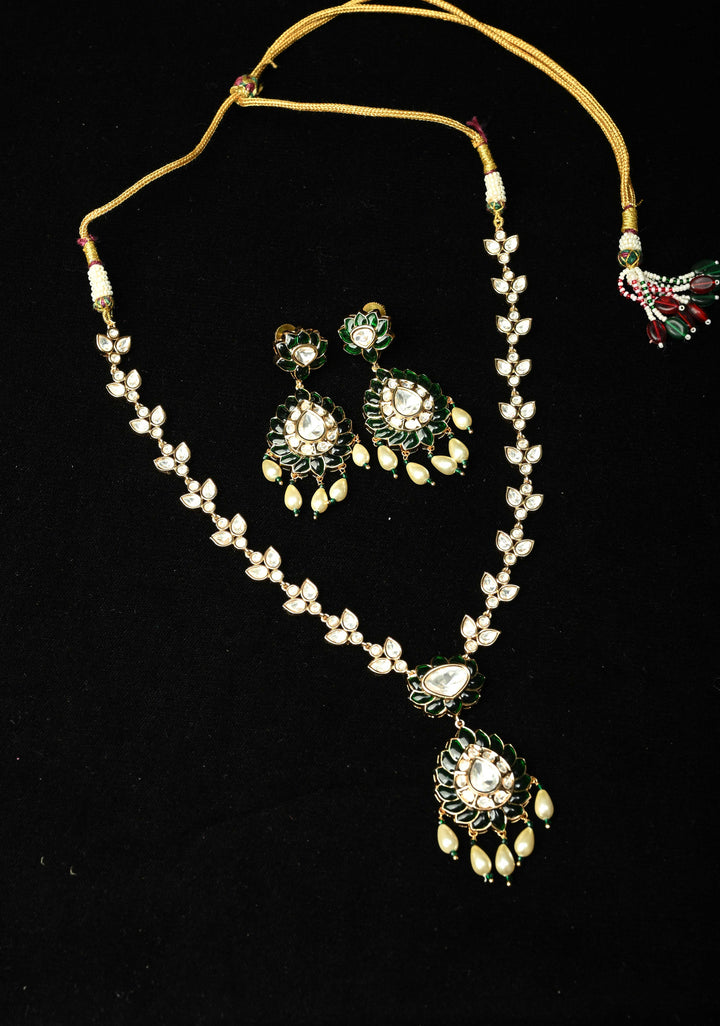 Emerald Long Kundan Necklace with earrings