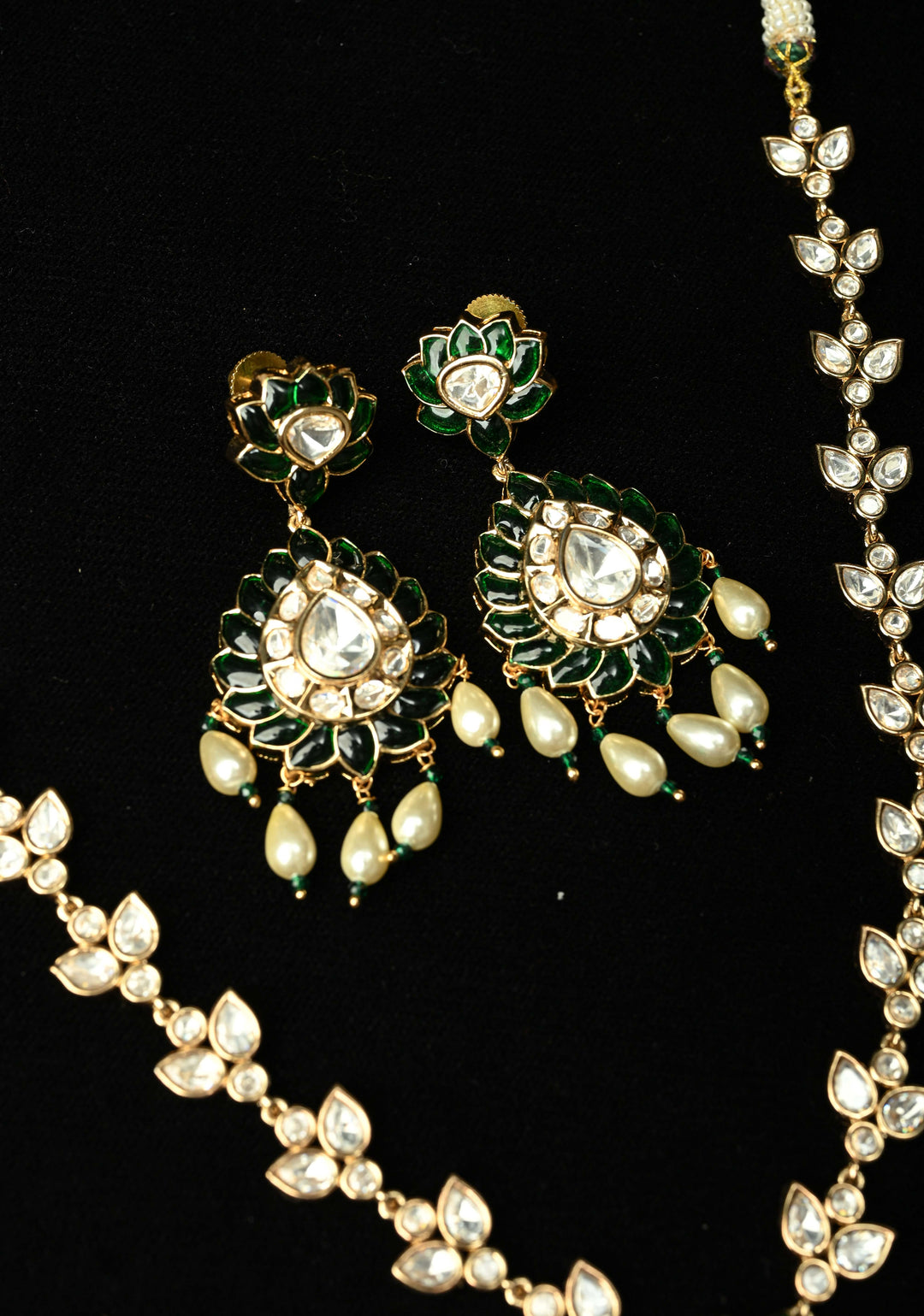 Emerald Long Kundan Necklace with earrings