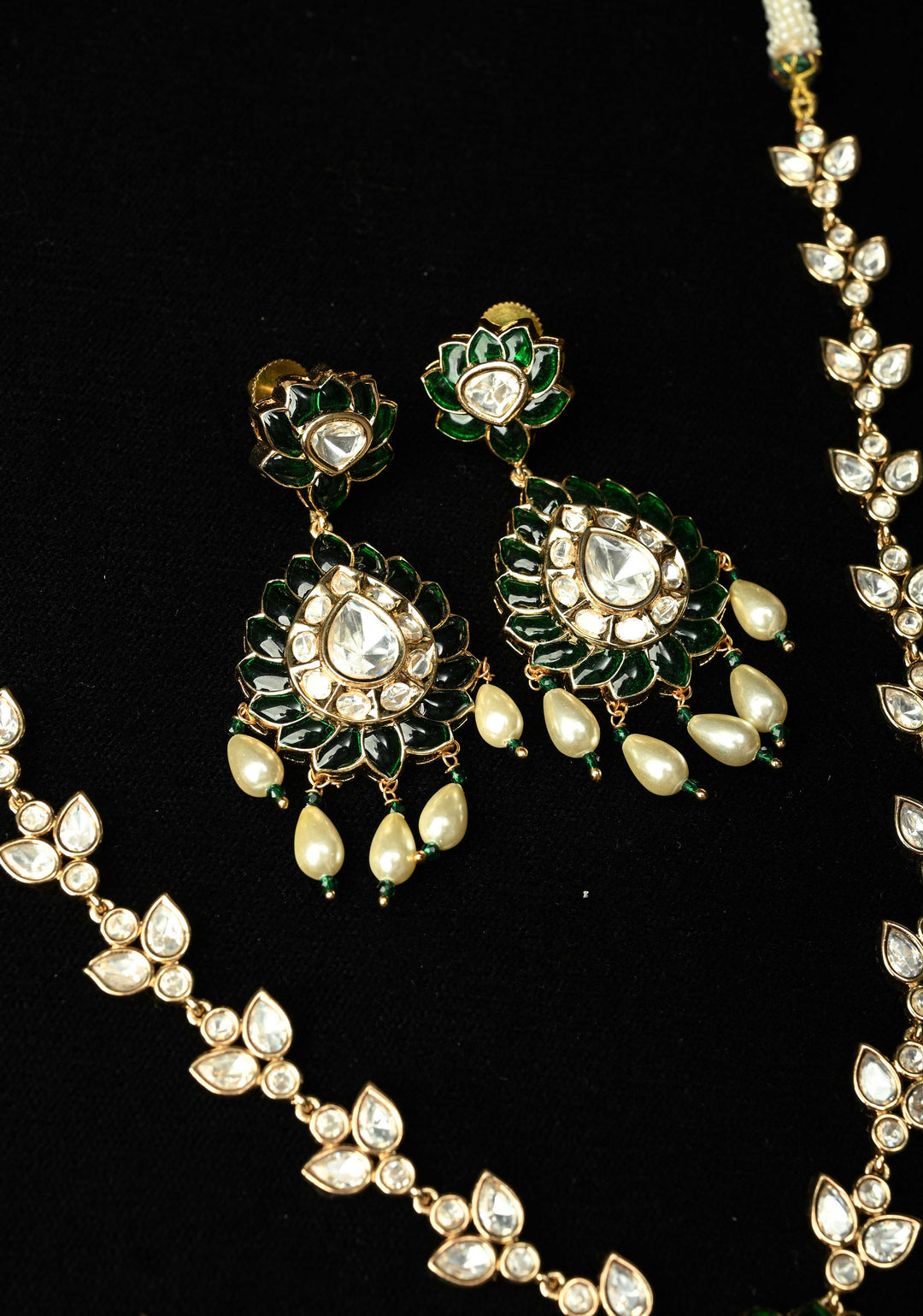 Emerald Long Kundan Necklace with earrings