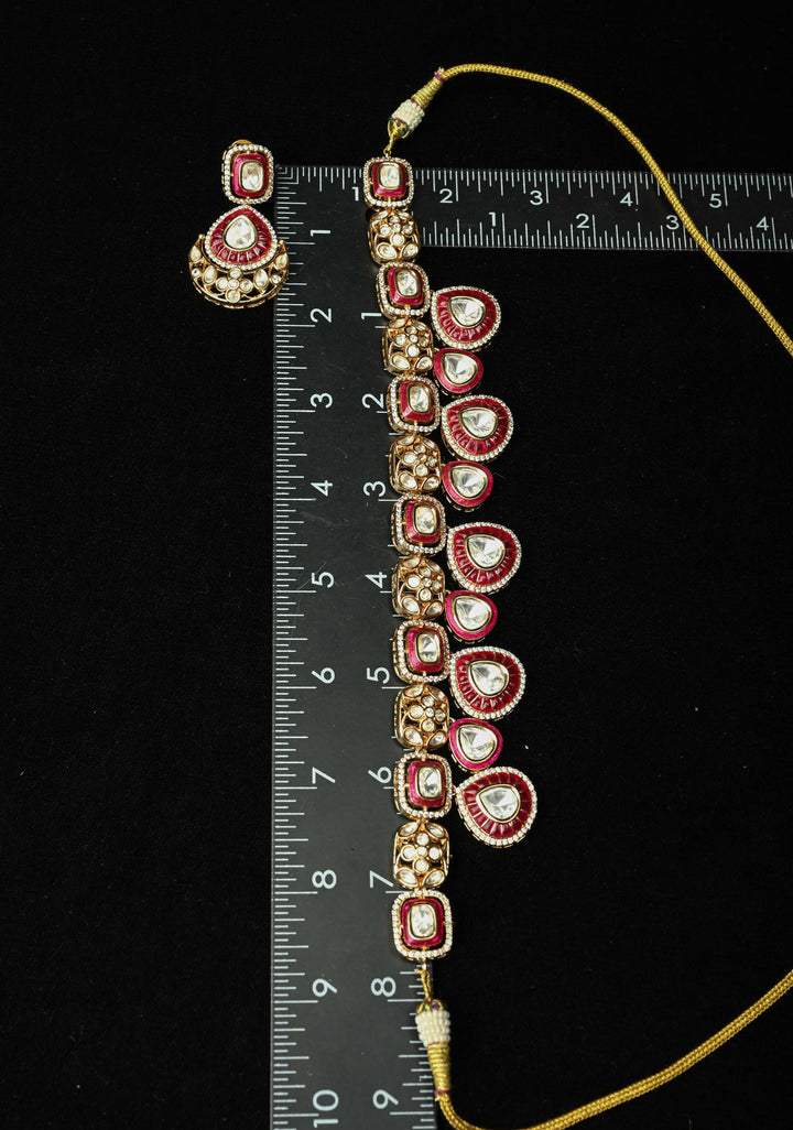 Red Kundan Necklace Meenakari Design Earrings Set