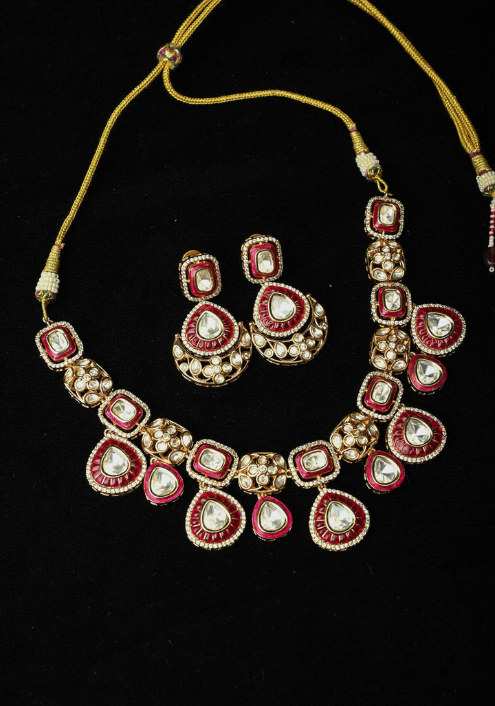 Red Kundan Necklace Meenakari Design Earrings Set