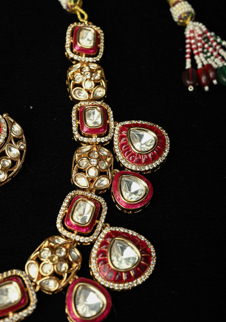 Red Kundan Necklace Meenakari Design Earrings Set
