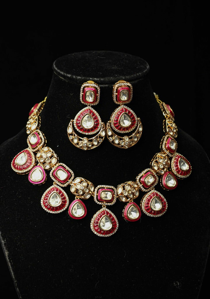 Red Kundan Necklace Meenakari Design Earrings Set