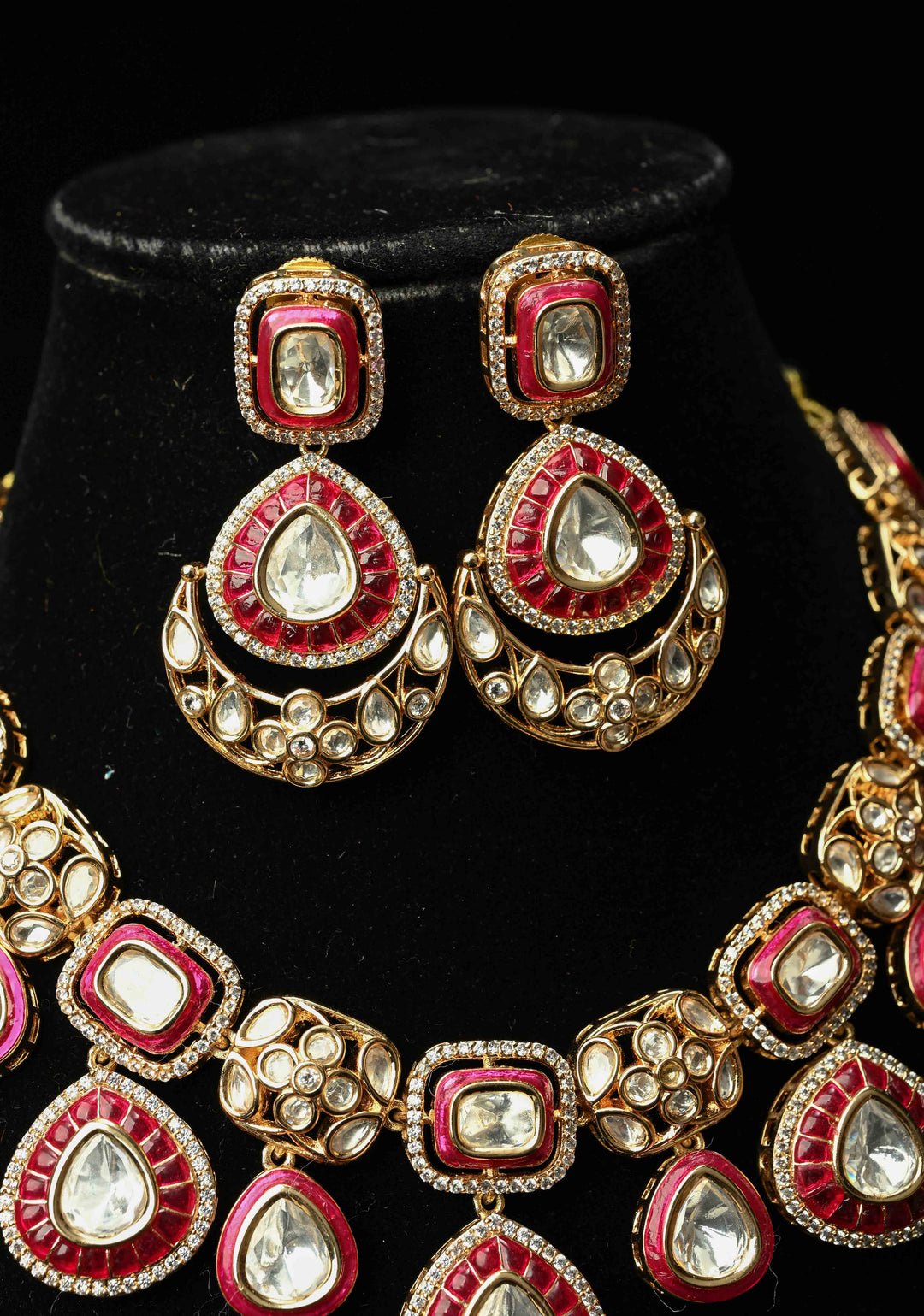 Red Kundan Necklace Meenakari Design Earrings Set