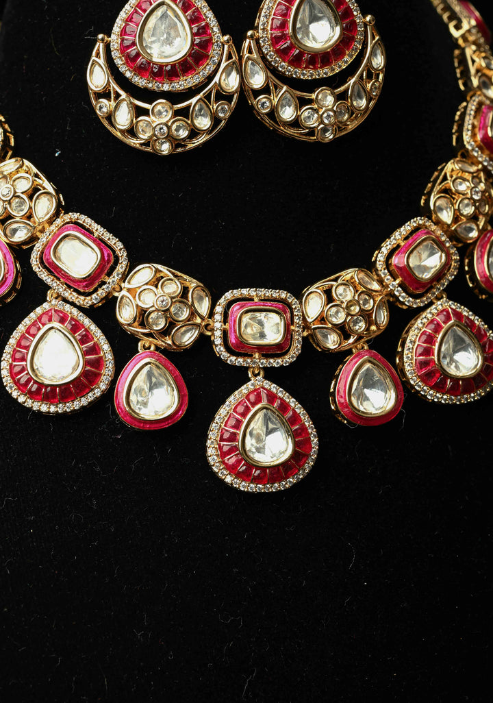 Red Kundan Necklace Meenakari Design Earrings Set