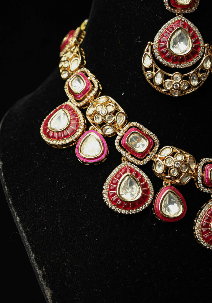 Red Kundan Necklace Meenakari Design Earrings Set